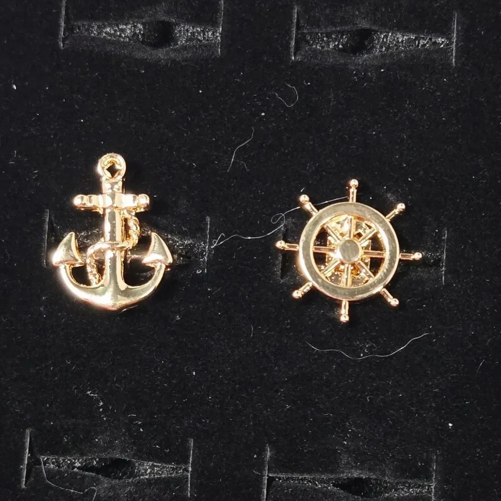 Nautical Anchor & Ship Wheel Cufflinks Gold Asymmetrical Maritime Sailor Gift